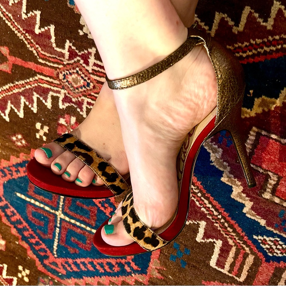 Sam Edelman Red, Metallic Bronze Ankle Strap Leopard Print Heels, Size 7.5